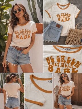 Arnhem Be Green Not Mean Babe Graphic Ringer Tee Retro Boho Orange Medium
